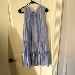 Blue and white striped mid length dress